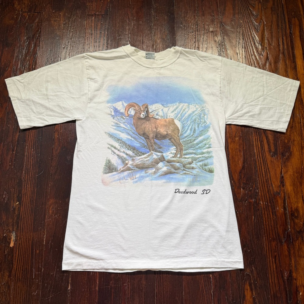 Vintage 90s Unionbay Graphic T Shirt Mens XL White Deadwood SD Bighorn Sheep USA